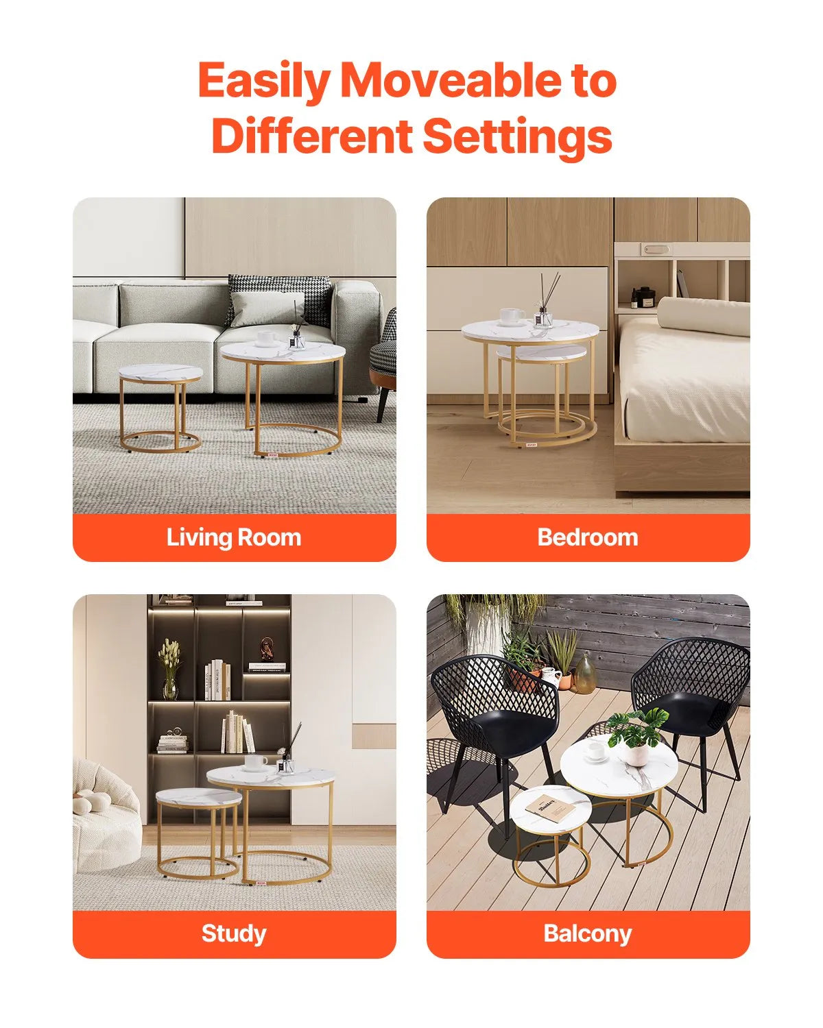 VEVOR Nesting Coffee Table Set of 2 Round Coffee Table 23.6 in (White & Gold)