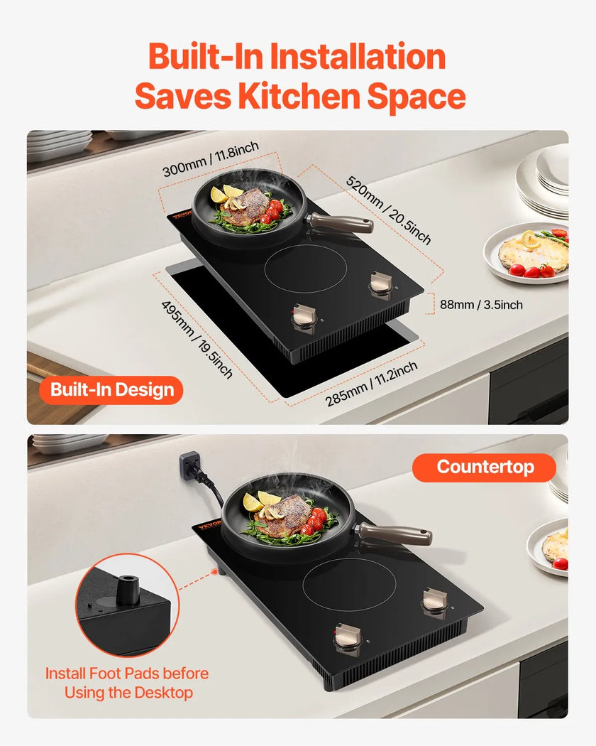 VEVOR 1800W 2 Burner Induction Cooktop Electric Countertop Burner Knob Control