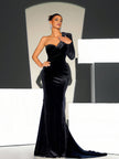 One-Shoulder Long Sleeve Sweatheart neck Velvet Mermaid Maxi Dress - Black