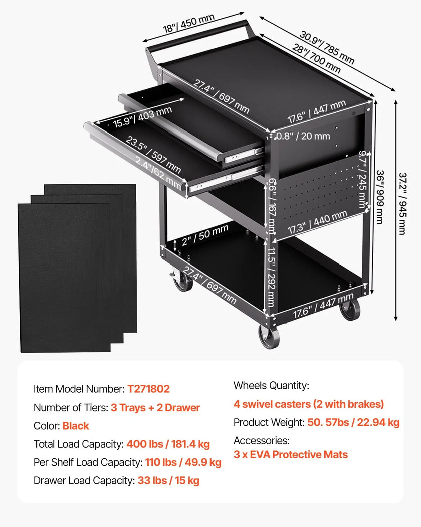 VEVOR 5-Tier Tool Cart on Wheels 400 lb Rolling Work Cart with Drawer & Pegboard