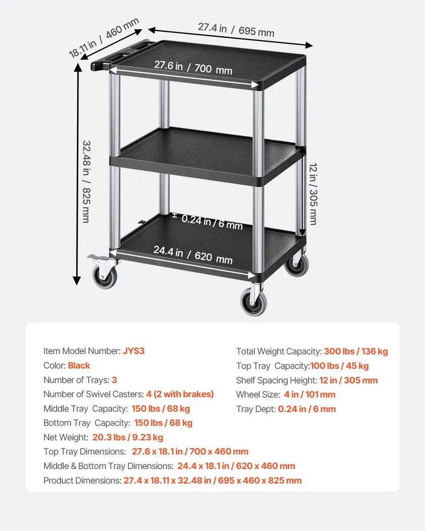 VEVOR 3-shelf Utility Cart 300 lbs 27.6 x 18.1-inch Service Cart with Wheels