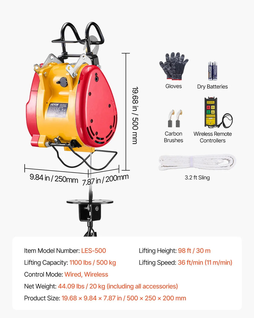 VEVOR 2-in-1 Portable Electric Hoist Winch 1100LBS Wired/Wireless Remote Control