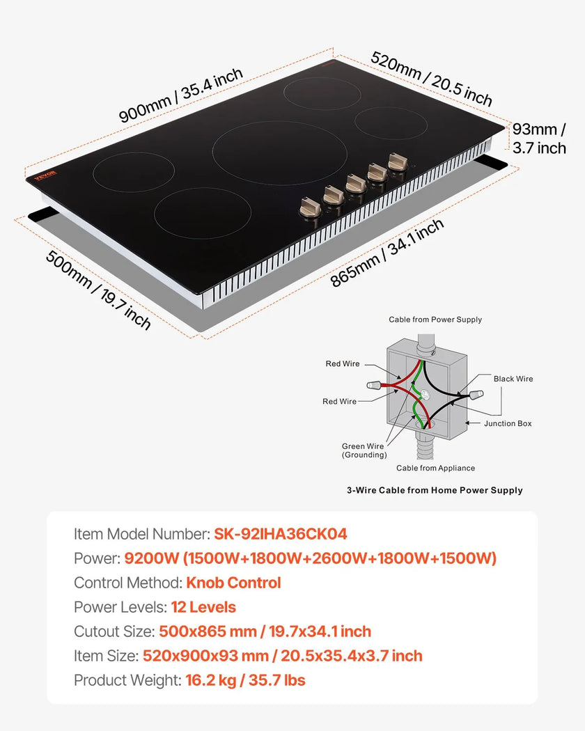 VEVOR 9200W 5 Burner Induction Cooktop Electric Countertop Burner Knob Control