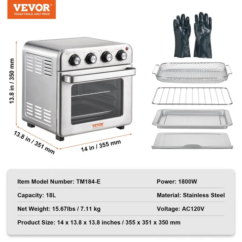 VEVOR 7-IN-1 Air Fryer Toaster Oven, 18L Convection Oven, 1700W Stainless Steel Toaster Ovens Countertop Combo with Grill, Pizza Pan, Gloves, 6 Slices Toast, 12-inch Pizza, Home and Commercial Use