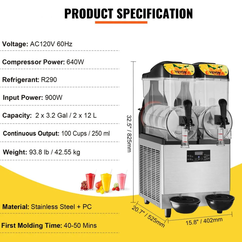 VEVOR 2 x 12L / 3.2 Gal Commercial Slush Machine Margarita Smoothie Frozen Drink