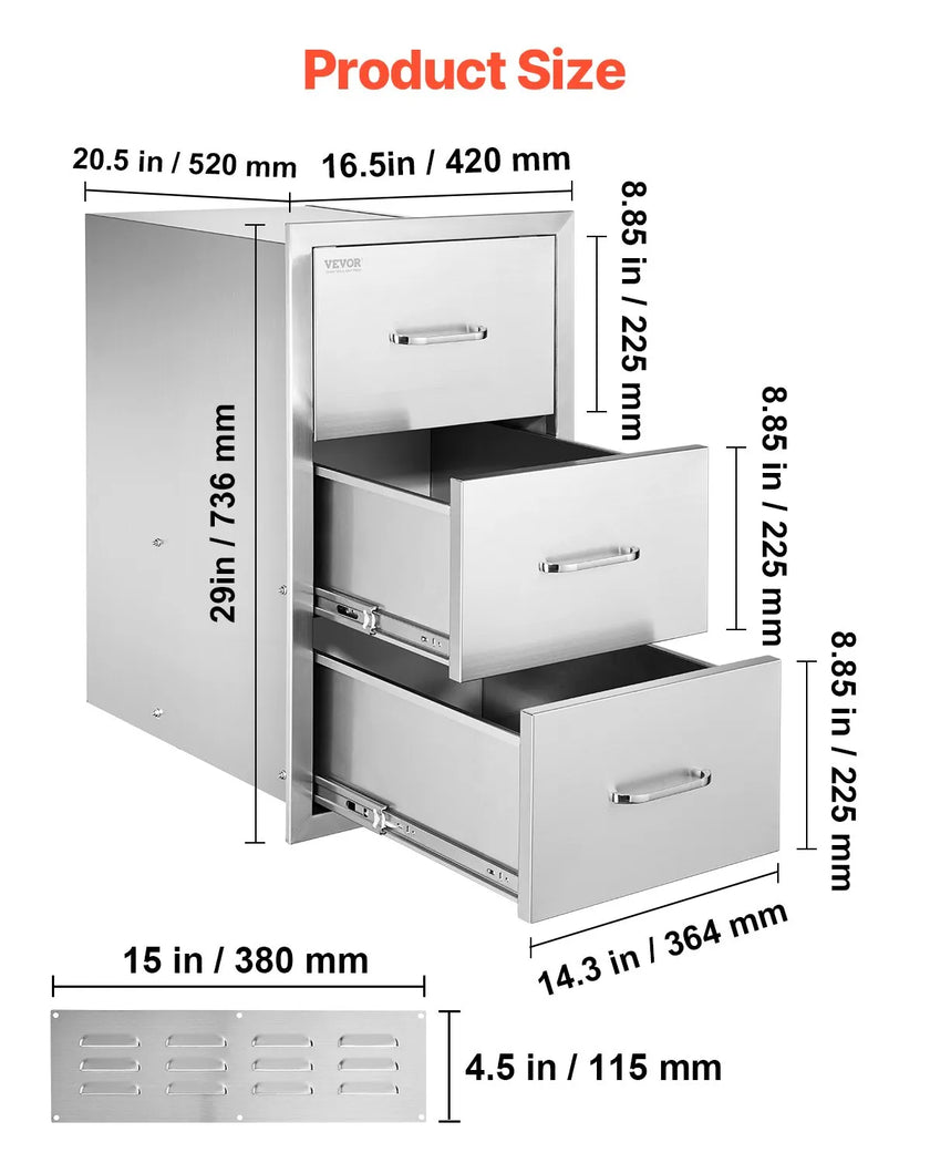 VEVOR Outdoor Kitchen Drawers Triple BBQ Access Drawers Island 16.5x29x20.5 in