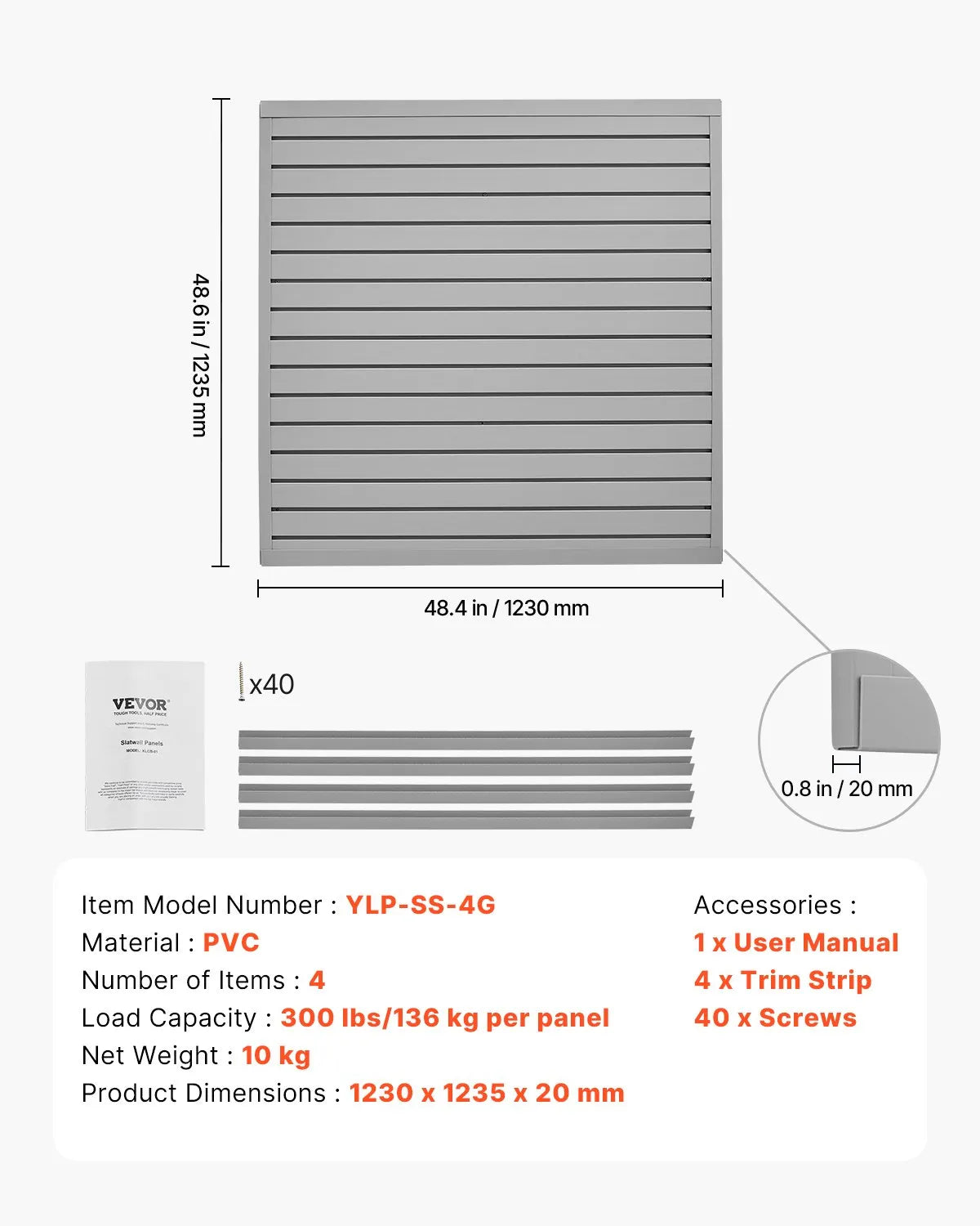 VEVOR 4 x 4 ft Slat Wall Paneling PVC Grey Garage Slatwall with Modular Design