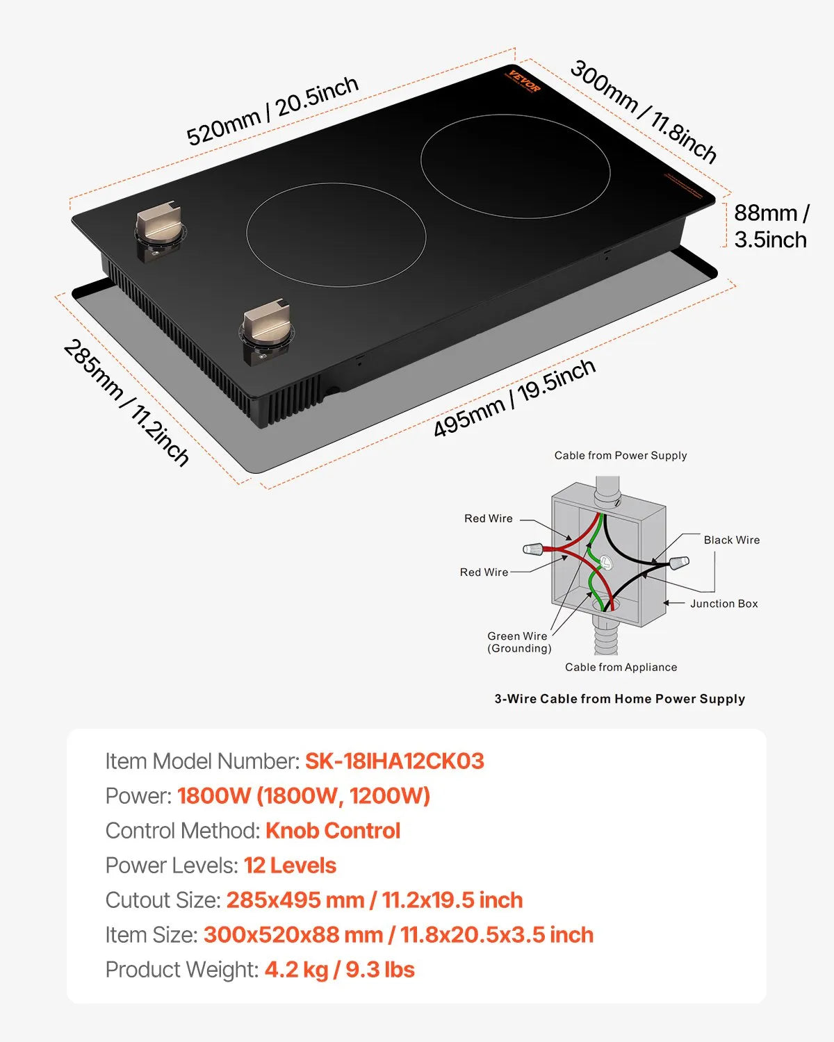 VEVOR 1800W 2 Burner Induction Cooktop Electric Countertop Burner Knob Control