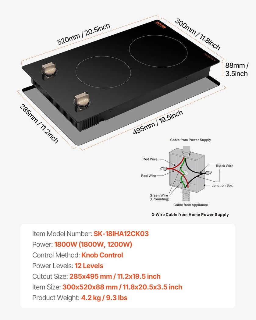 VEVOR 1800W 2 Burner Induction Cooktop Electric Countertop Burner Knob Control