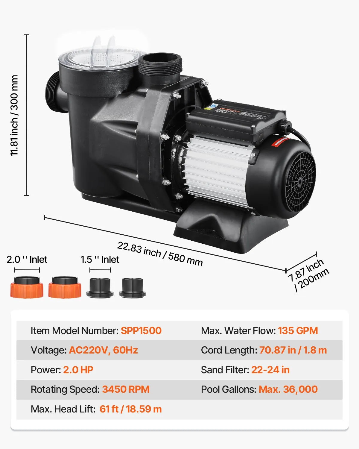 VEVOR 2 HP Above Ground Swimming Pool Pump Single Speed 122 GPM 3450 RPM 220V
