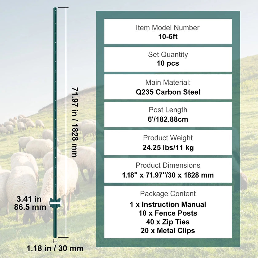 VEVOR 6 Feet Fence Post 10 Pack T-Post Heavy Duty Metal Fence Posts Green