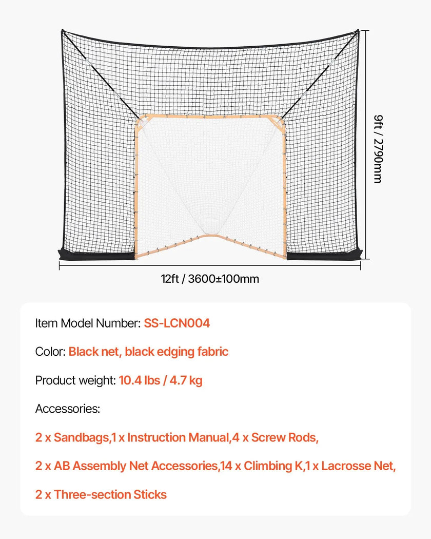 VEVOR 12x9 ft Hockey Lacrosse Goal Backstop with Extended Coverage Training Net