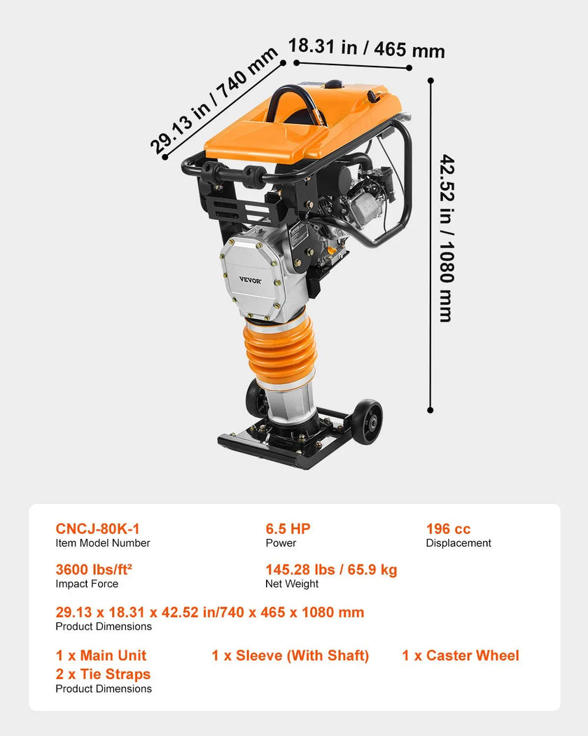 VEVOR 6.5 HP 196 cc Fuel Power Jumping Jack Vibratory Rammer Tamper Compactor