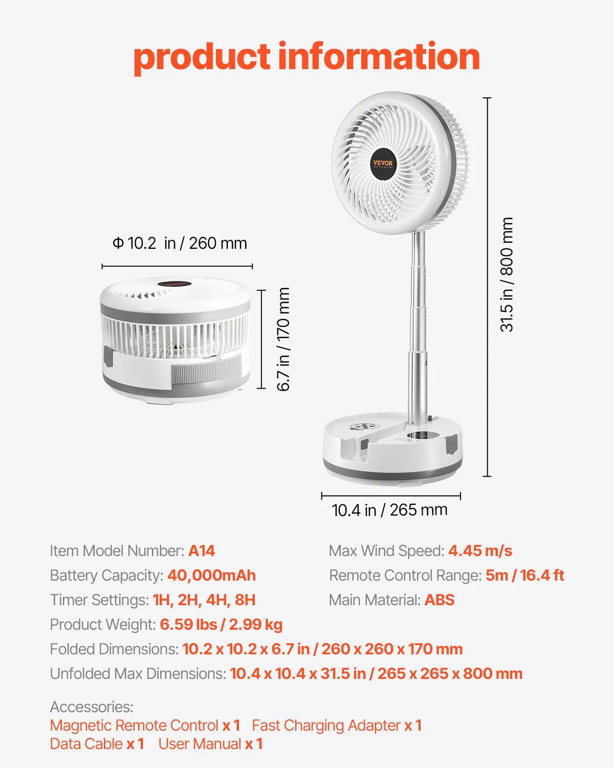 VEVOR 10 inch Foldable Rechargeable Oscillating Fan 3 in 1 Remote 9 Speeds