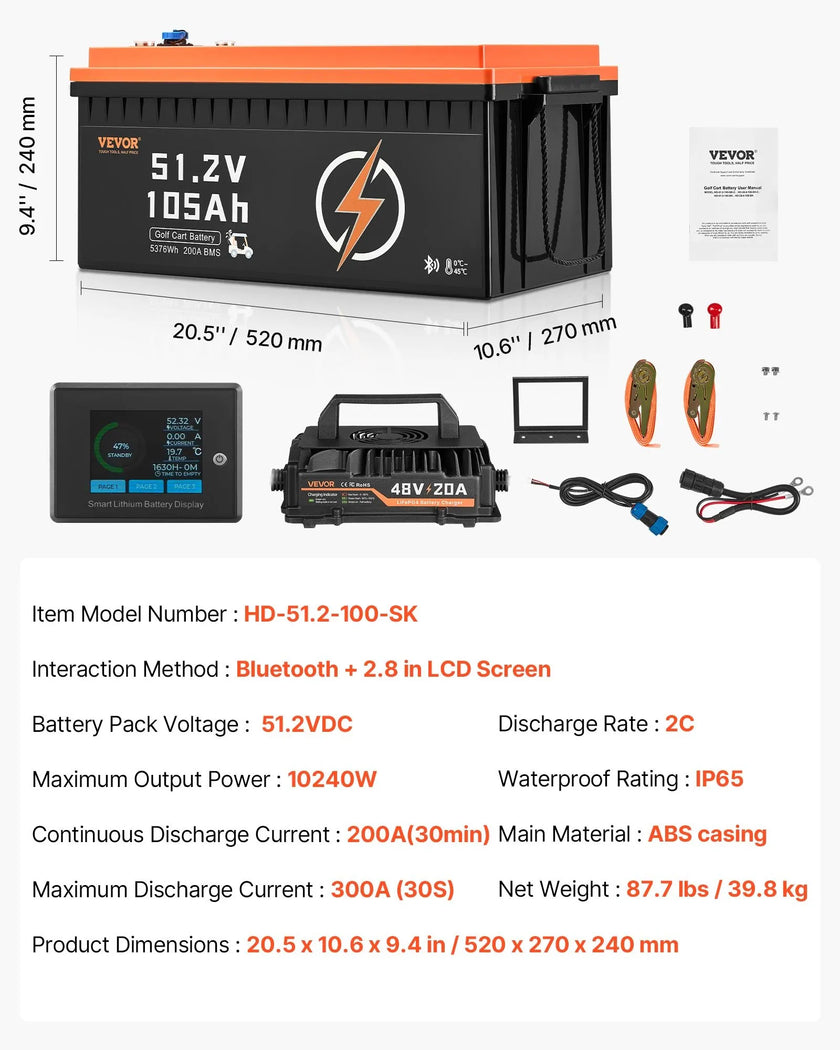 VEVOR 48V 105Ah Golf Cart Lithium Battery 20A Charger LCD Monitor & 4000+ Cycle