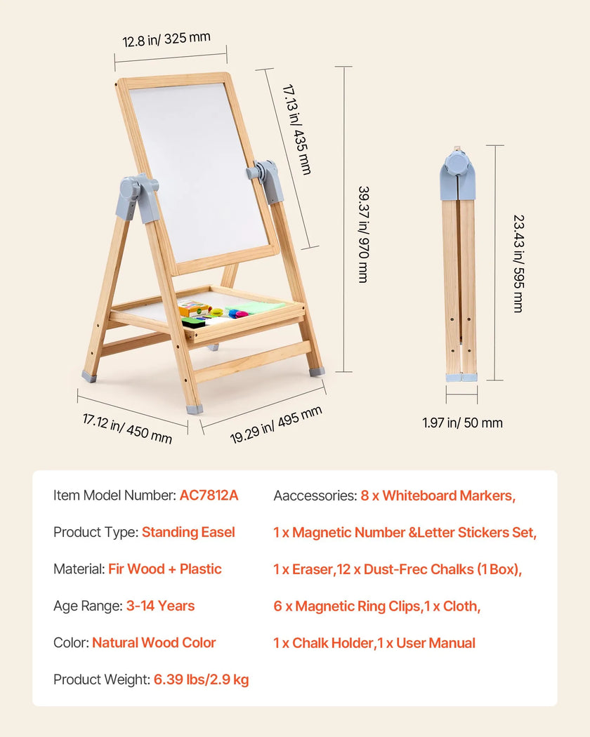 VEVOR 2-in-1 Kids Art Easel Double-Sided Wooden Magnetic Whiteboard Chalkboard