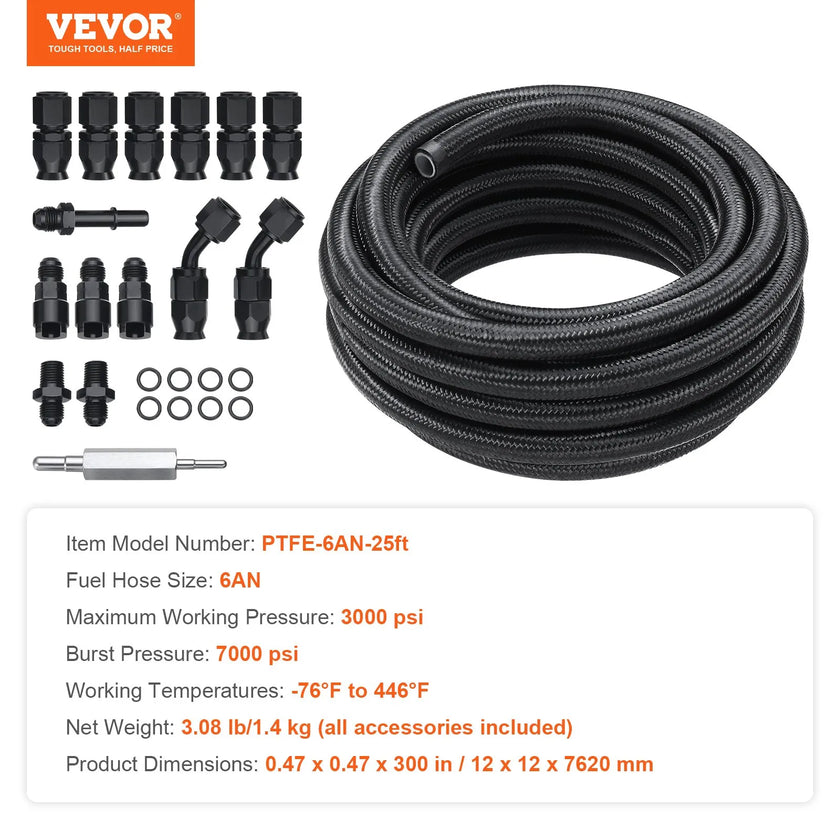 VEVOR 6AN Fuel Line Kit, 25 FT Fuel Hose Kit, 5/16