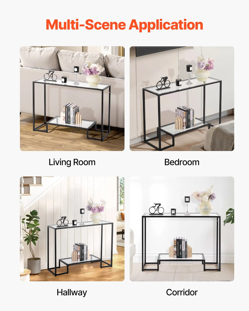 VEVOR 2-Tier Glass Console Table Rectangle Sofa Side Table with Anti-Tip Black