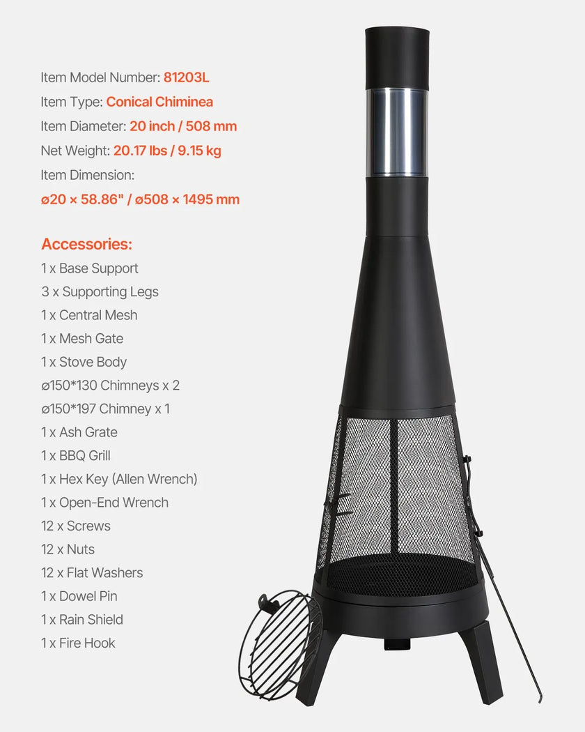VEVOR 20 In Chiminea Outdoor Wood Burning Firepit with Grill Mesh & Chimney Coat