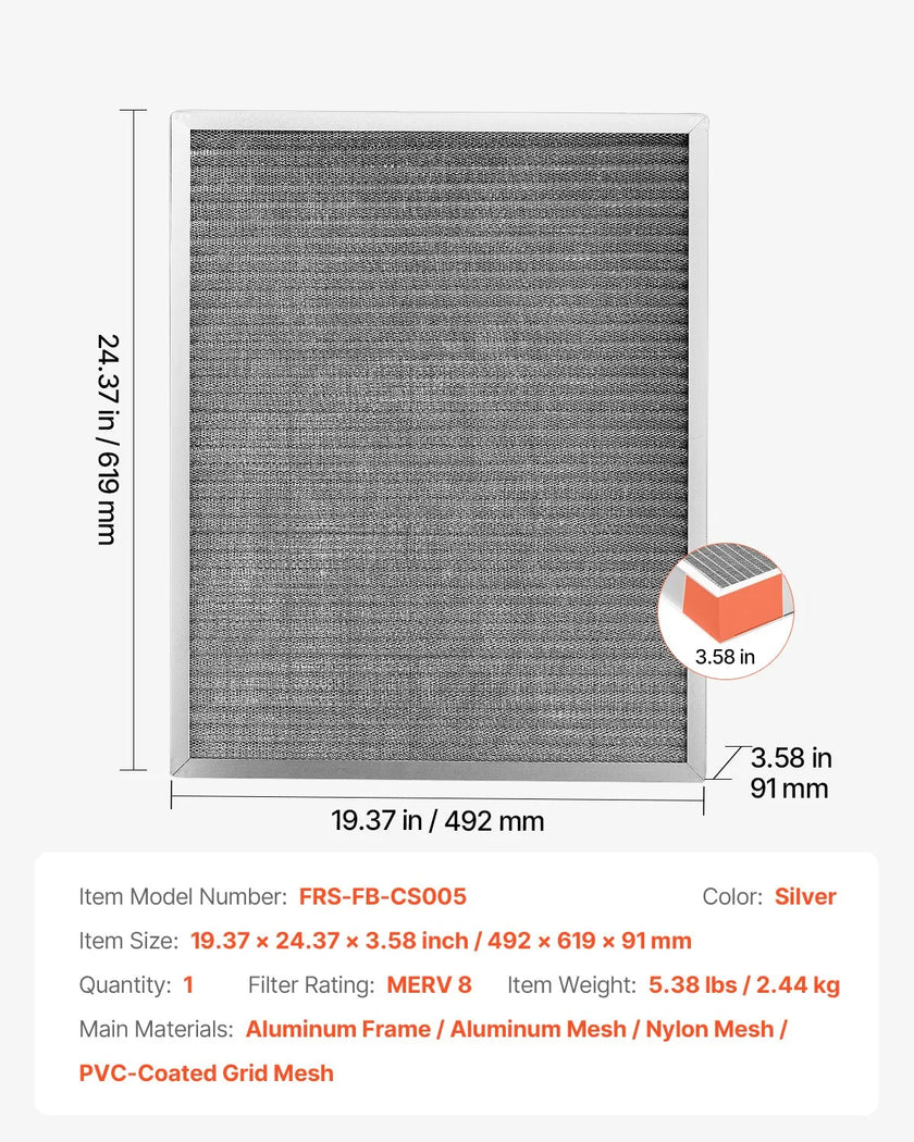 VEVOR 20x25x4 Aluminum Electrostatic Air Filter MERV 8 Actual 19.37x24.37x3.58