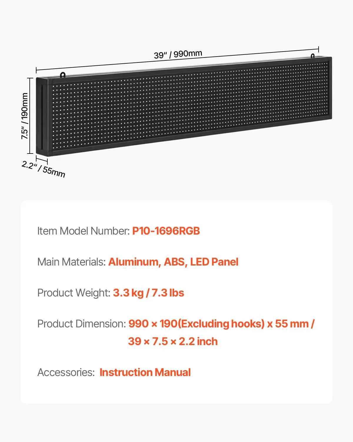 VEVOR 40x8in Programmable LED Sign Digital Scrolling Display Board P10 Fullcolor