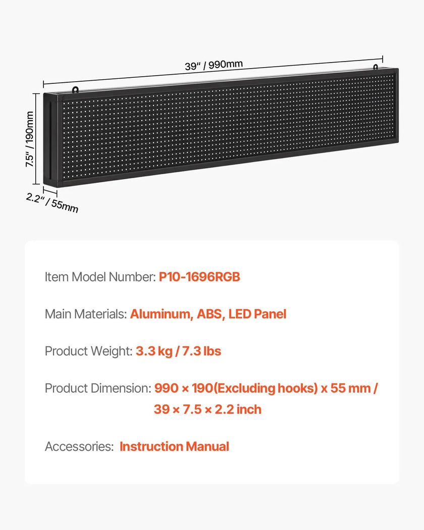 VEVOR 40x8in Programmable LED Sign Digital Scrolling Display Board P10 Fullcolor
