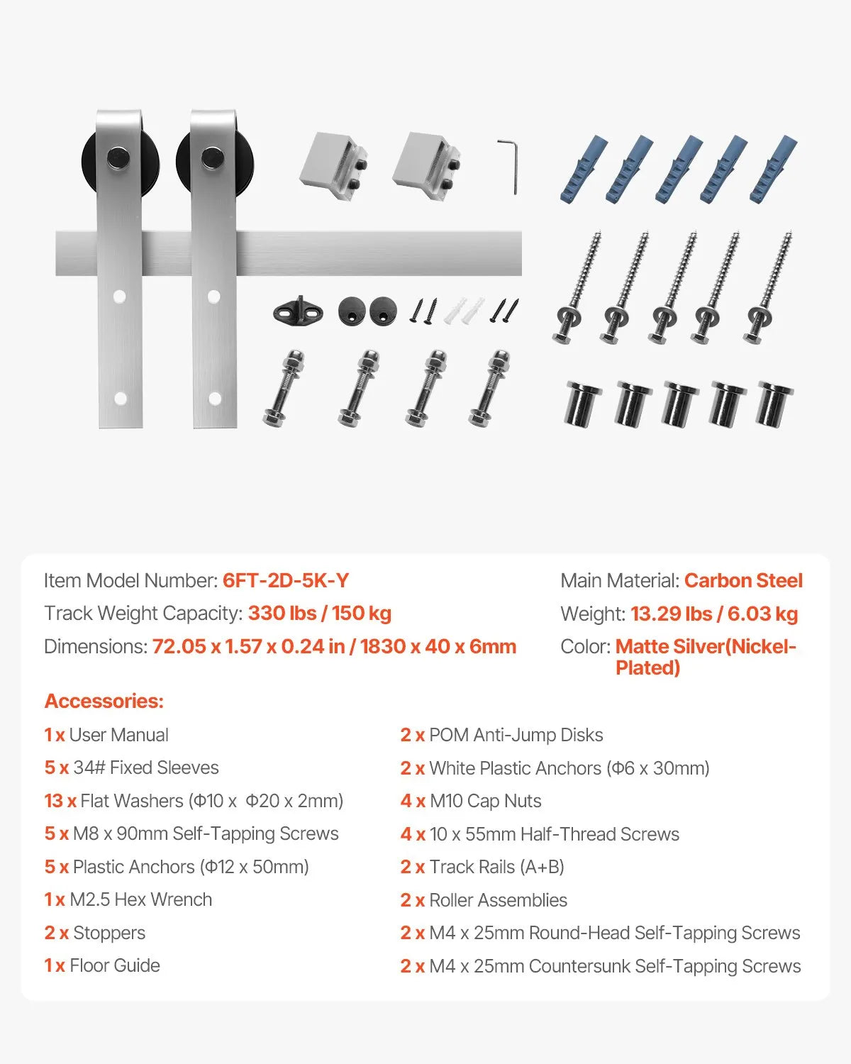 VEVOR 6FT Sliding Barn Door Hardware Kit for Single Sliding Barn Door Silver