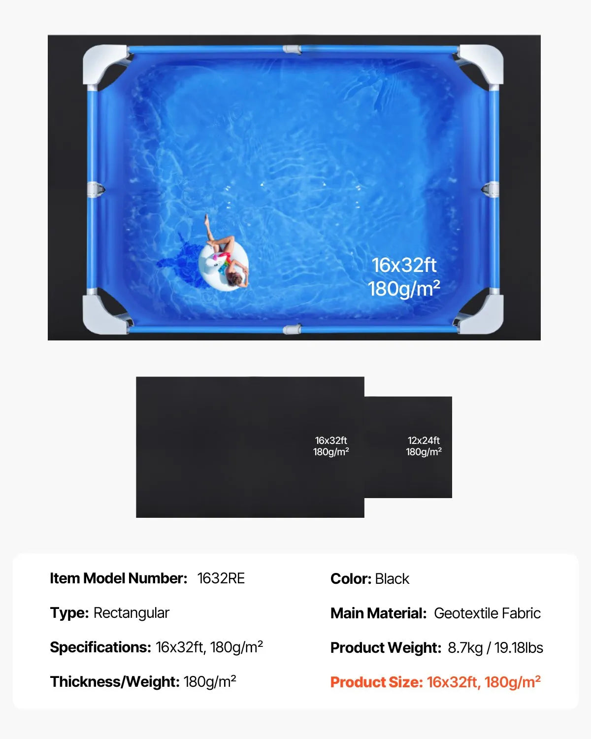VEVOR 16x32ft Rectangle Pool Liner Pad Heavy Duty Pool Mat Prevent Punctures