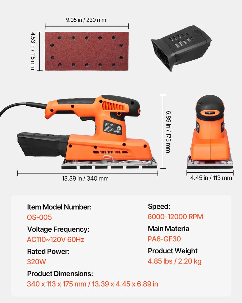 VEVOR 1/2 Sheet Sander 320W Max 12000 RPM Sheet Finishing Sander for Woodworking