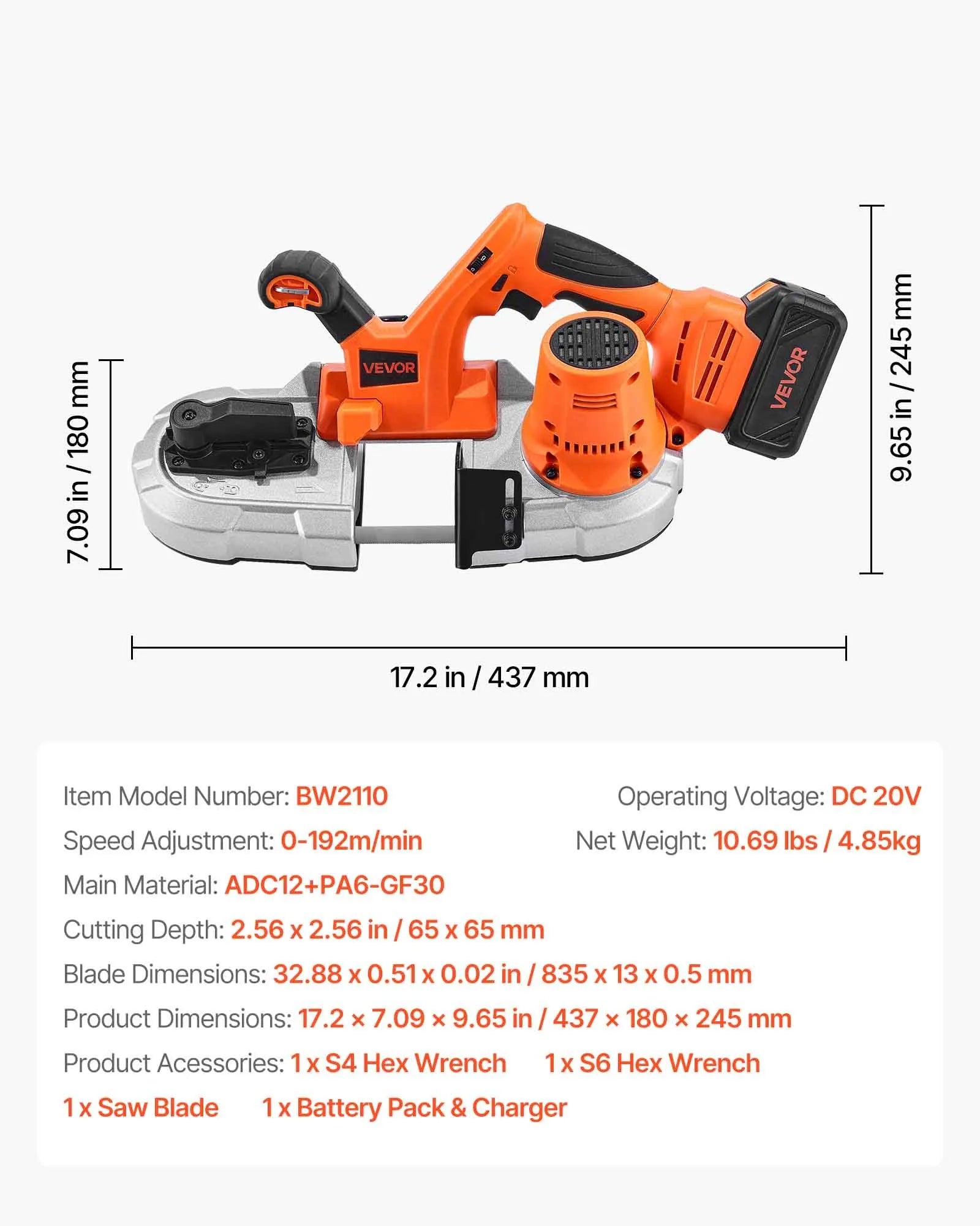 VEVOR 20V 2.56 Inches Deep Cut Variable Speed Portable Cordless Band Saw Kit