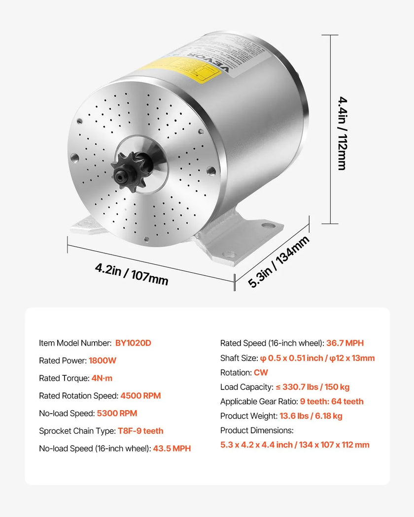 VEVOR 1800W Electric Brushless DC Motor Kit 48V 4500rpm with Speed Controller
