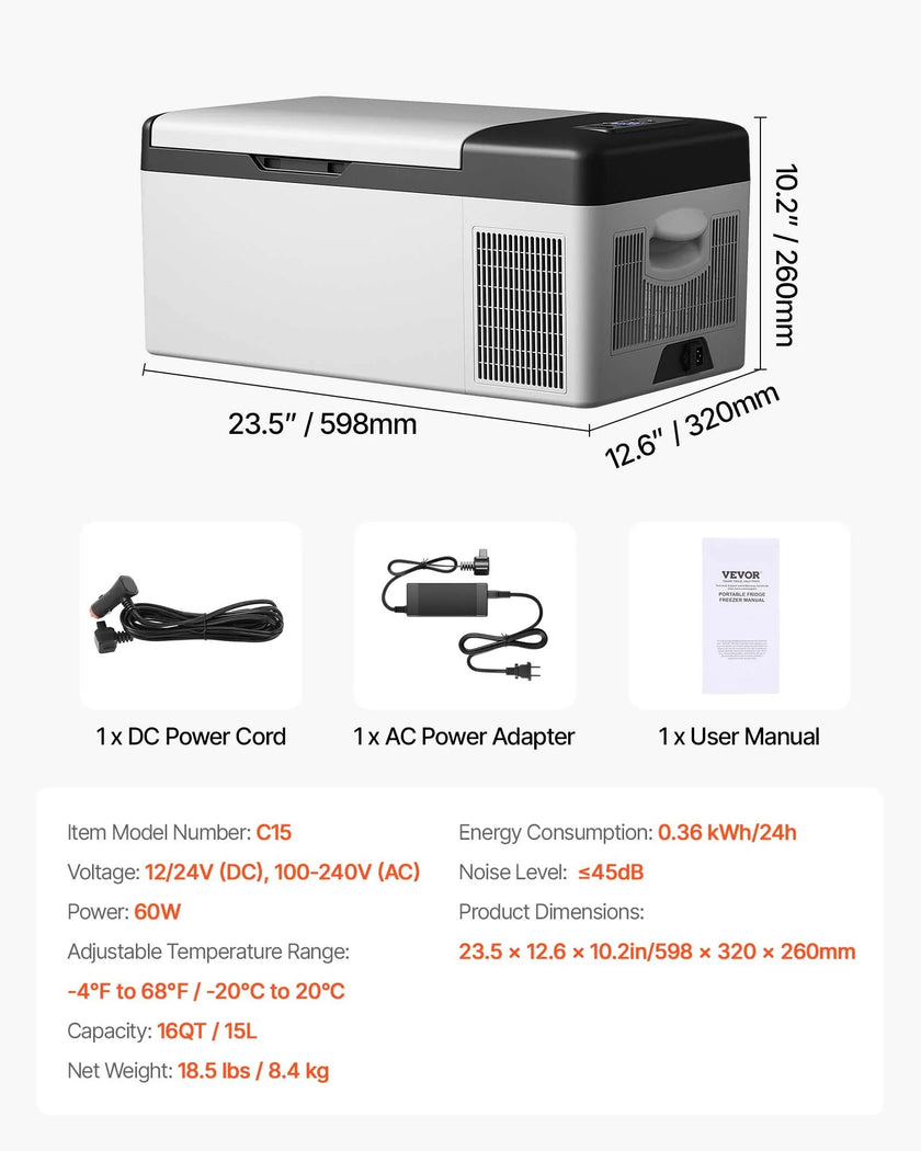 VEVOR 12 Volt Car Refrigerator Portable Freezer 16Qt Truck RV Fridge APP Control