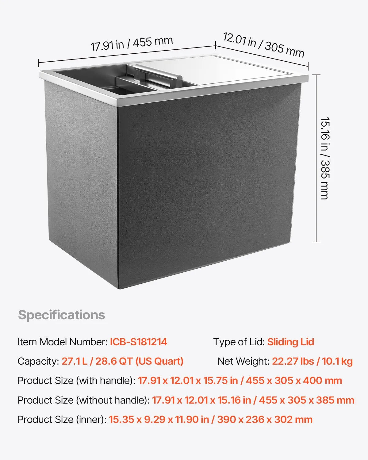 VEVOR 28.6 Qt Drop in Ice Chest Ice Cooler Ice Bin Stainless Steel 18