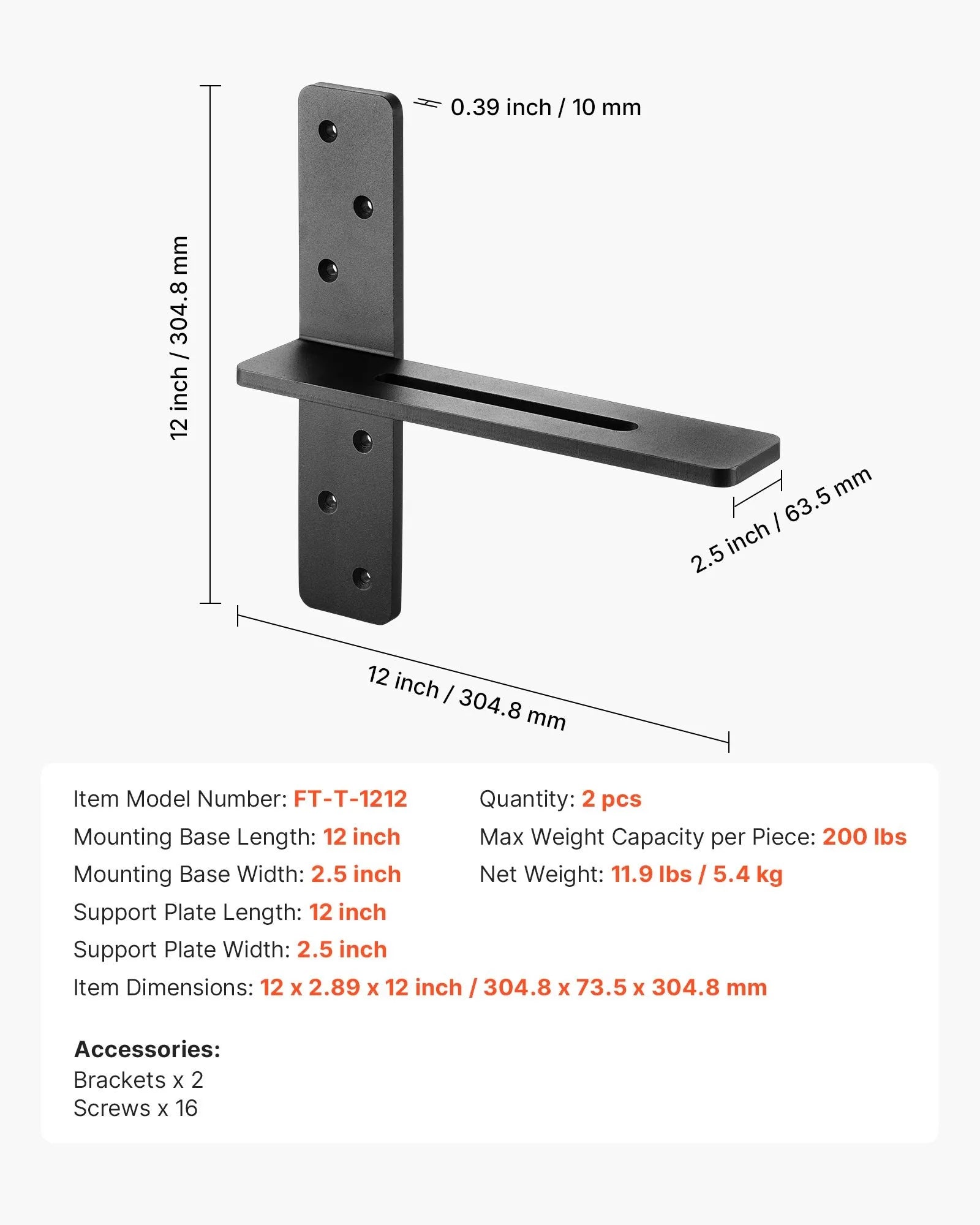 VEVOR 2 Pcs Shelf Brackets 12 inch / 304.8 mm Heavy Duty Floating Shelf Brackets