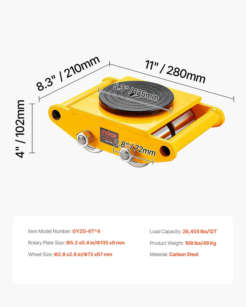 VEVOR 4PCS Machinery Skate Dolly, 26455LBS/12T Industrial Machinery Mover, Heavy Duty Carbon Steel Machinery Moving Skate & 4 Carbon Steel Wheels and 360° Rotation Non-Slip Cap for Warehouse, Factory