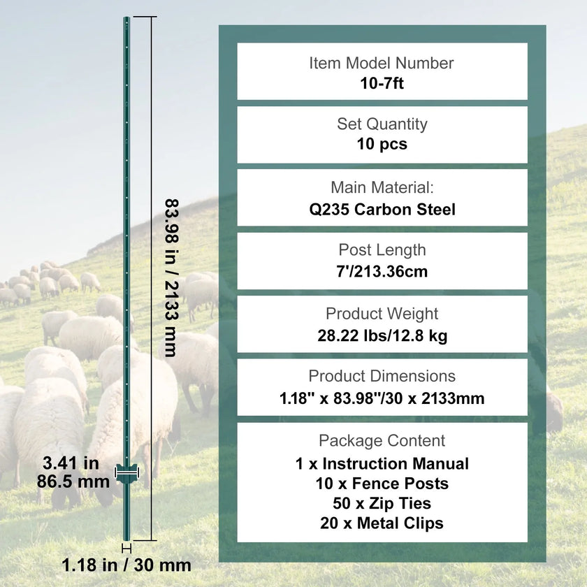 VEVOR 7 Feet Fence Post 10 Pack T-Post Heavy Duty Metal Fence Posts Green