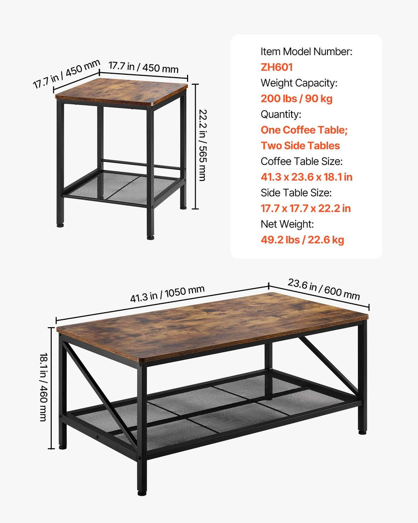 VEVOR 3 Pieces Living Room Table Sets 41.3 in Coffee Table with 2 End Tables