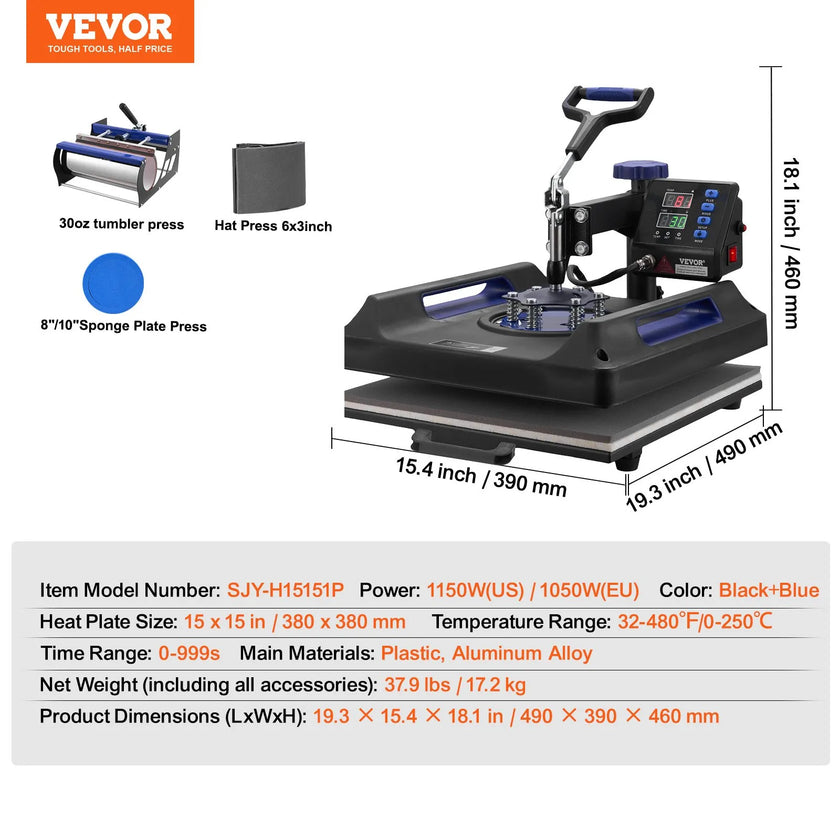 VEVOR 5 in 1 Heat Press Machine 15x15 in 30oz Tumbler Press T-Shirts Black+Blue