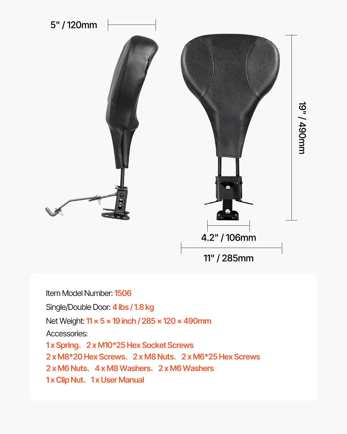 VEVOR Motorcycle Rider Backrest Sissy Bar for Harley Touring Models 2009-2024
