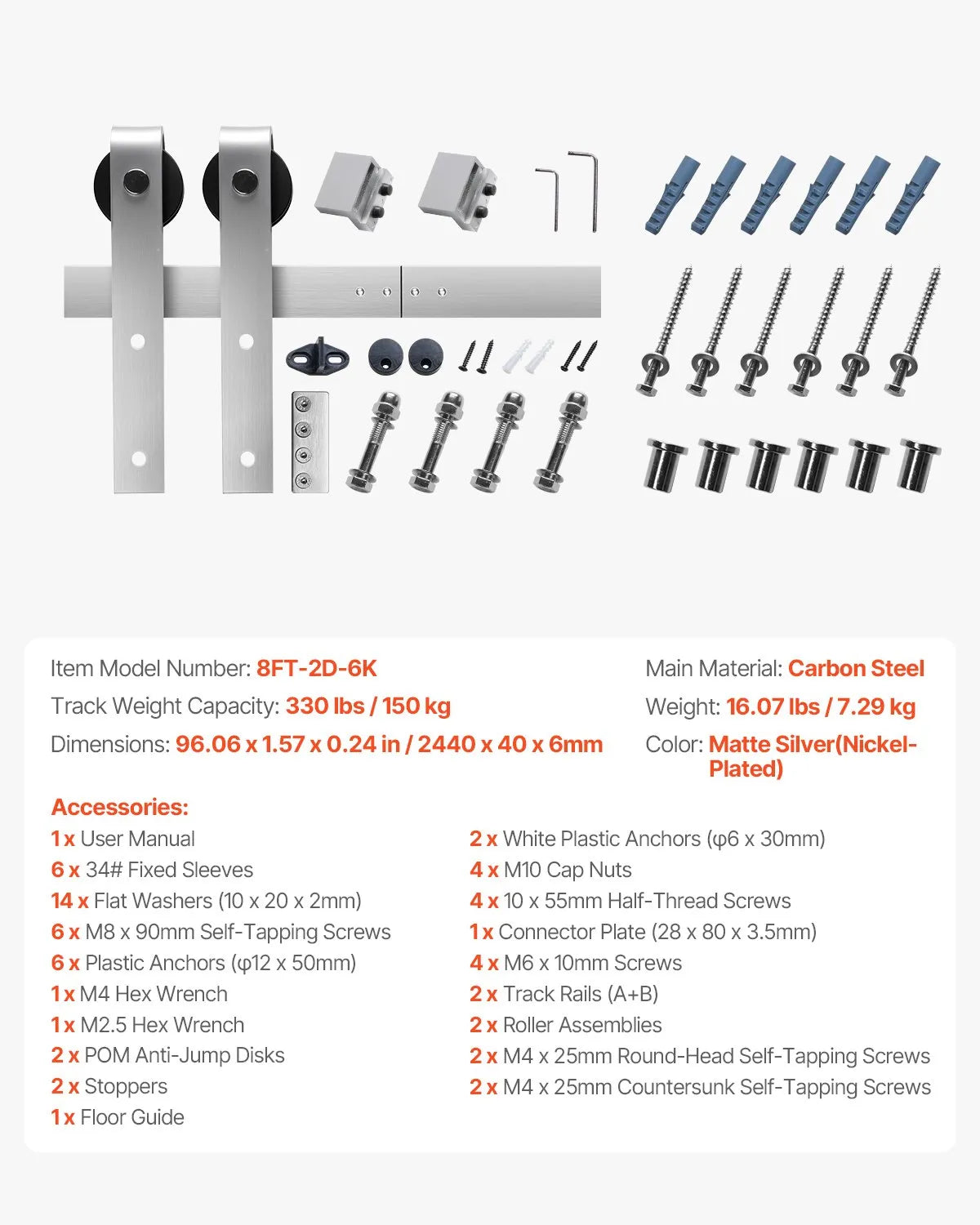 VEVOR 8FT Sliding Barn Door Hardware Kit for Single Sliding Barn Door Silver