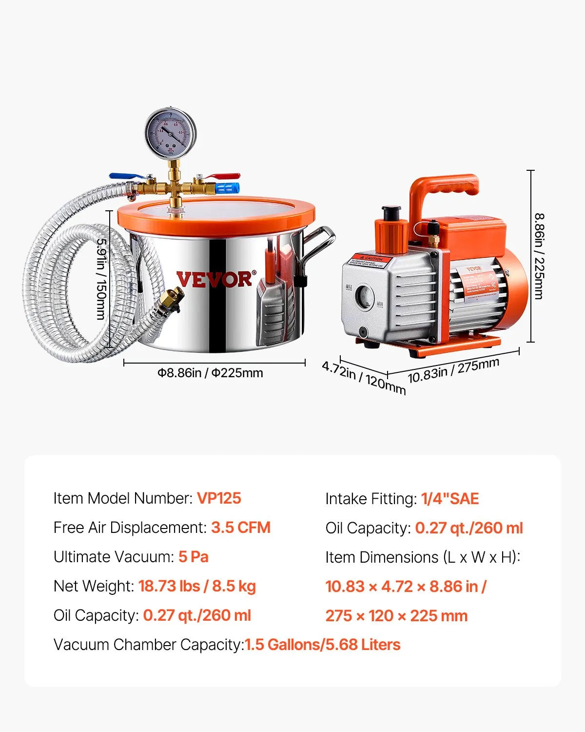 VEVOR 1.5 Gallon Vacuum Chamber 3.5CFM Single Stage Pump Degassing Chamber Kit