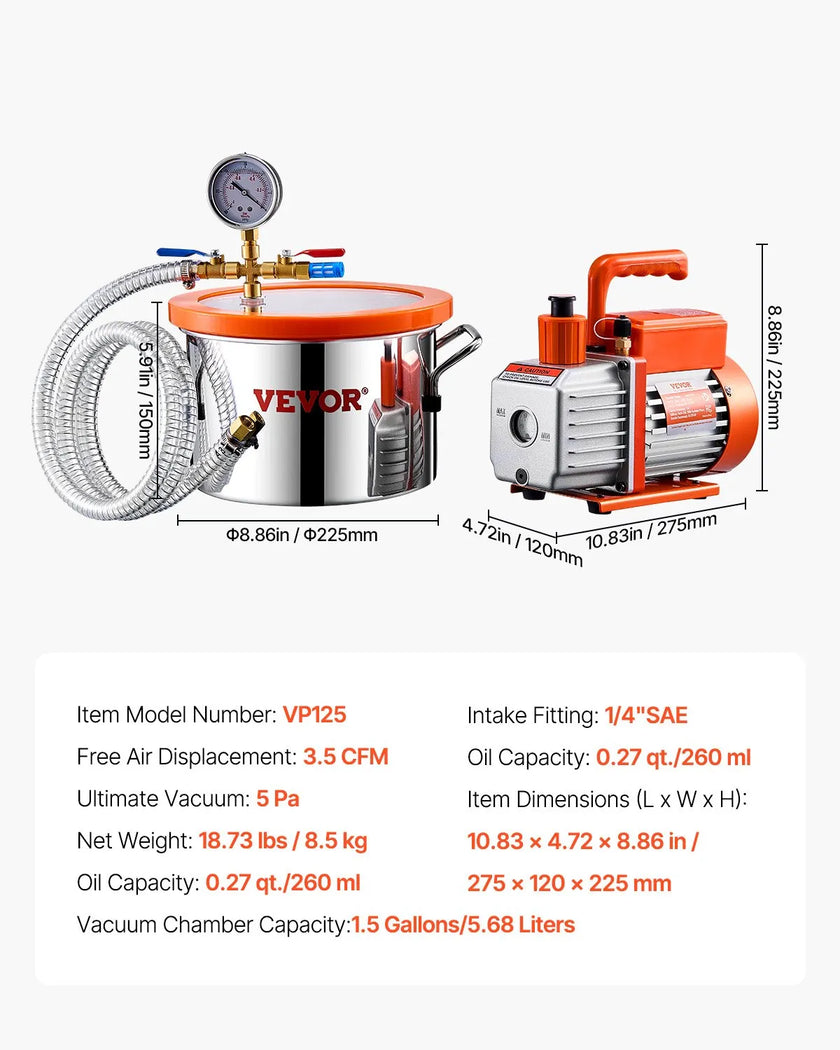 VEVOR 1.5 Gallon Vacuum Chamber 3.5CFM Single Stage Pump Degassing Chamber Kit
