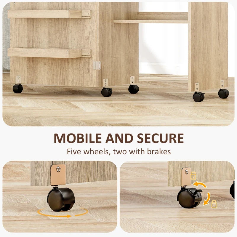Sewing Machine Cabinet, Folding Sewing Table with Storage Shelf, Bins and Lockable Wheels for Small Space, Nature Wood