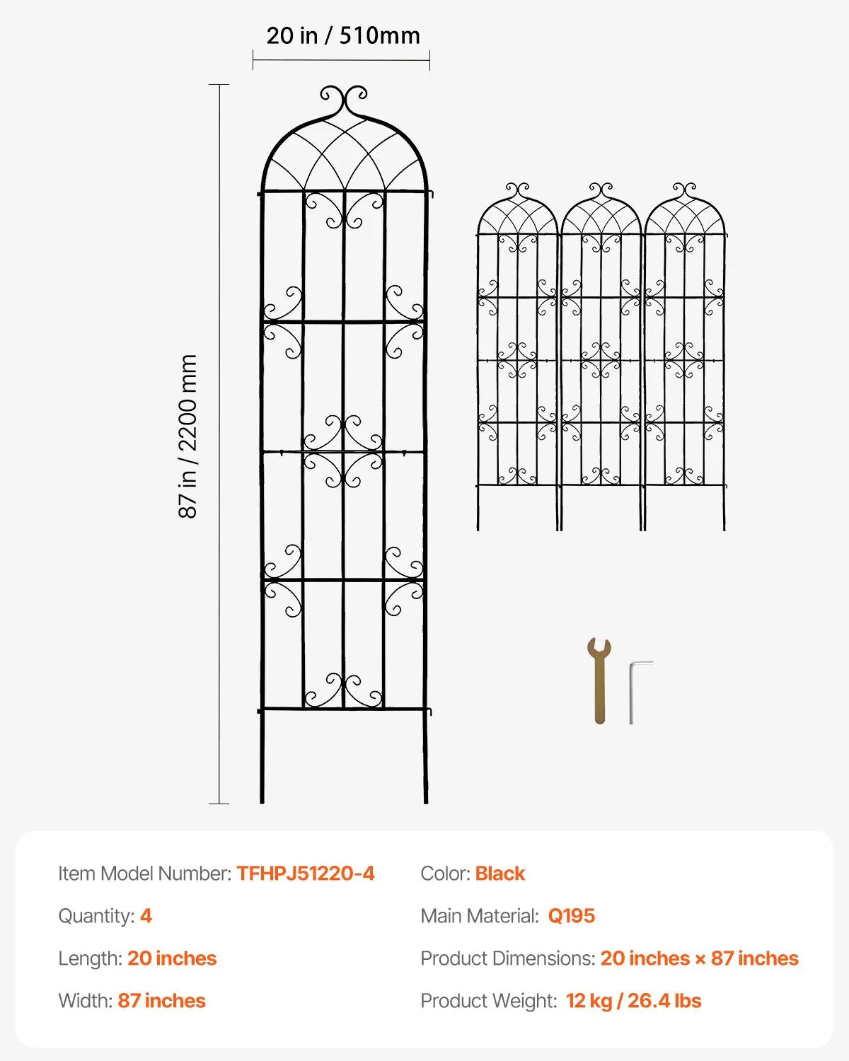 VEVOR 4 Packs Metal Garden Trellis for Climbing Plant Support 87x20 in Rustproof