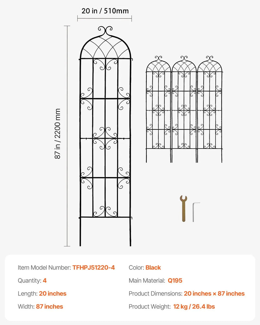 VEVOR 4 Packs Metal Garden Trellis for Climbing Plant Support 87x20 in Rustproof
