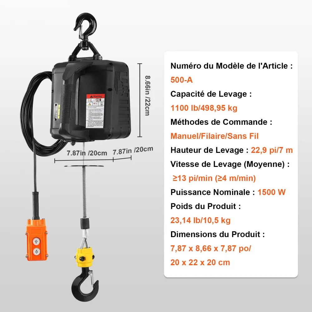 VEVOR 3-in-1 Electric Hoist Winch, 1100 lbs 1500W Portable Power Winch Crane, 22.9 ft Lifting Height, 13 ft/min with Wired and Wireless Remote Control, for Garage, Warehouse, Factory Lifting Towing