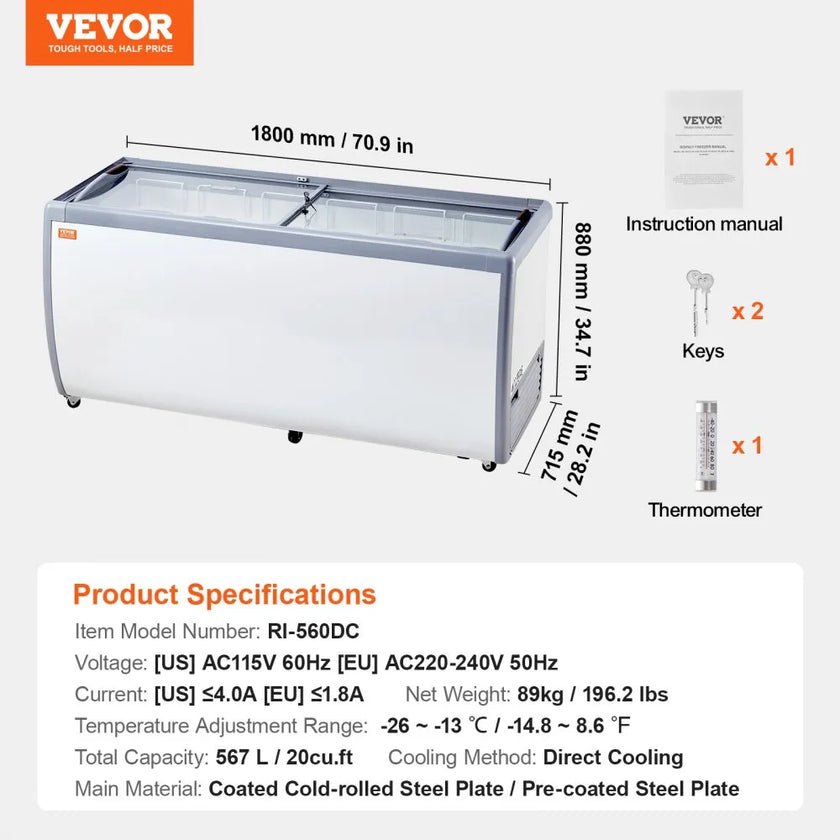 VEVOR 20 Cu.ft Commercial Ice Cream Display Case Gelato Dipping Freezer Cabinet