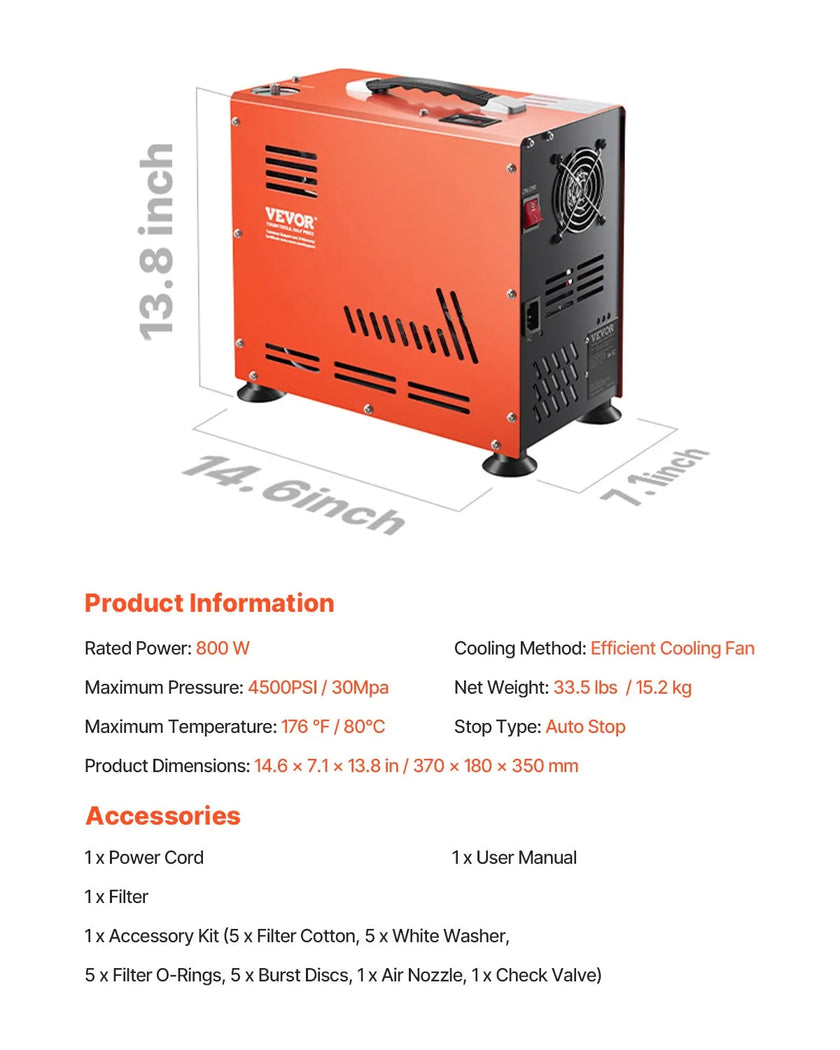 VEVOR PCP Air Compressor 800W Dual-Cylinder PCP Airgun Compressor 4500PSI/30Mpa