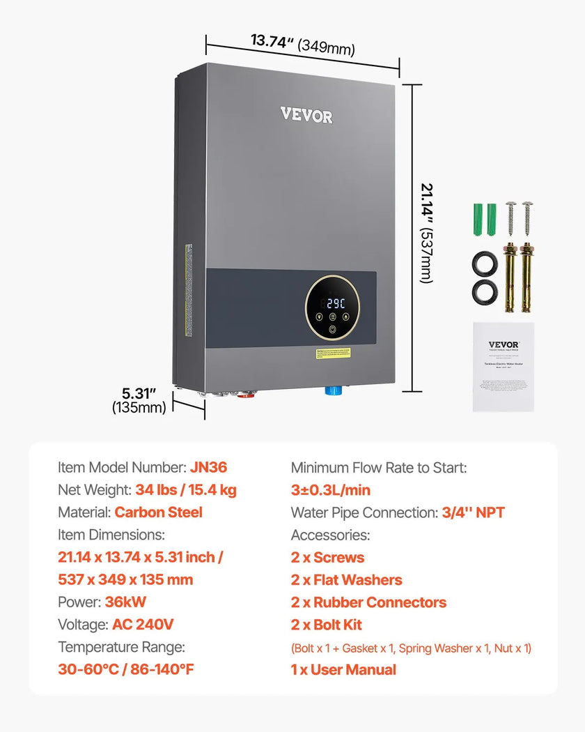 VEVOR 36kW Tankless Electric Water Heater Instant Hot with LCD Child Lock