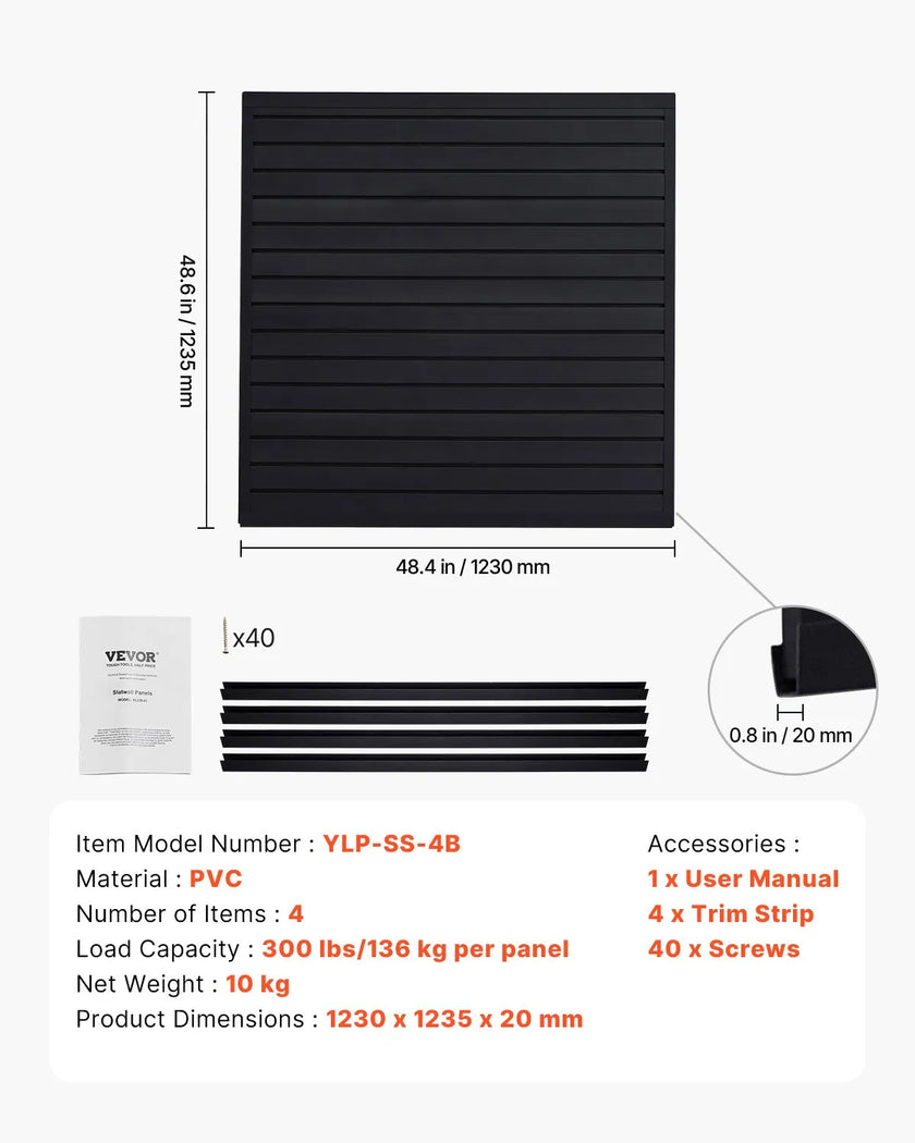 VEVOR 4 x 4 ft Slat Wall Paneling PVC Black Garage Slatwall with Modular Design